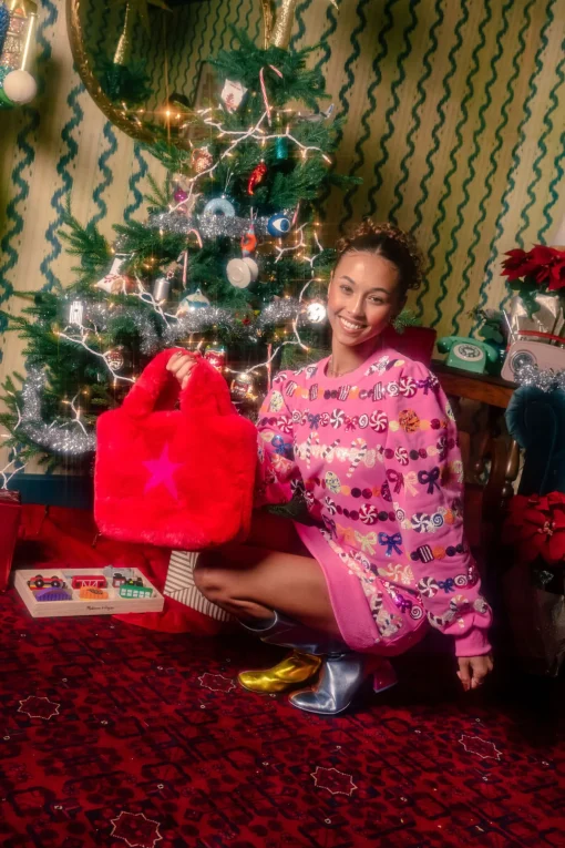 Hot Pink Candy Garland Poof Sleeve Sweatshirt Dress