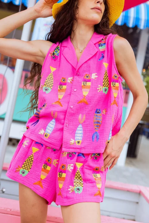Hot Pink Crowned Fish Gauze Tank