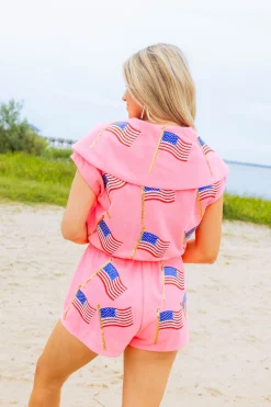 Hot Pink Metallic American Flag Collar Top