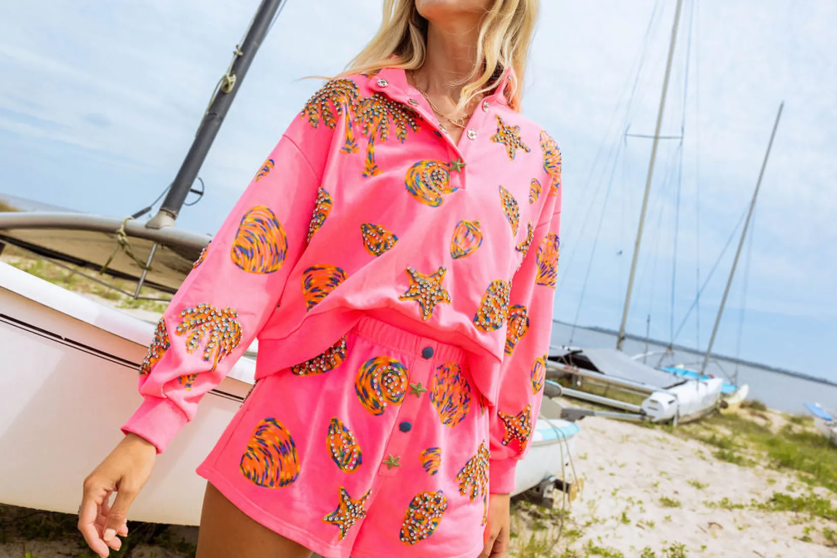 Hot Pink Multi Shell Henley Short