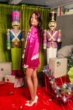 Hot Pink Peppermint Nutcrackers Shard Sequin Sleeve Cardigan