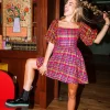 Hot Pink Plaid Poof Sleeve Dress