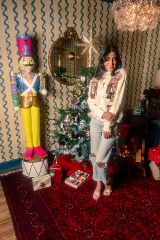 Ivory Blonde Haired Nutcracker Lady Shard Sequin Sleeve Cardigan