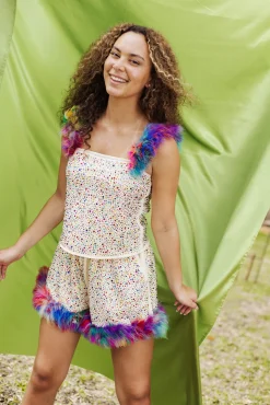 Ivory Rhinestone Rainbow Feather Short