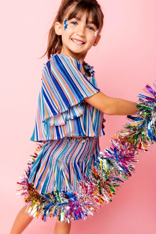 Kids Blue Rainbow Stripe Flutter Top