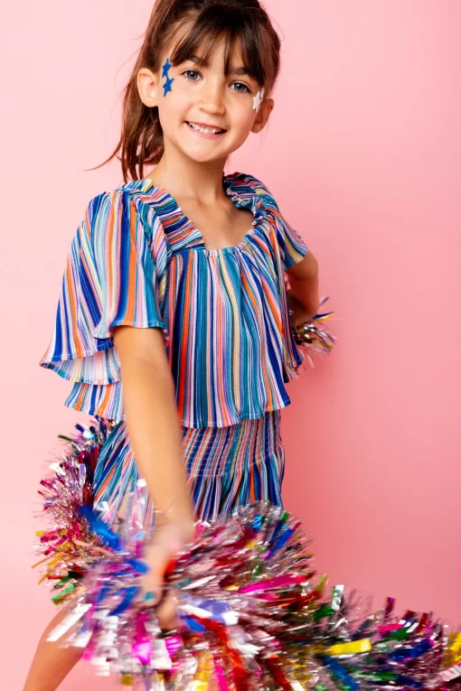 Kids Blue Rainbow Stripe Flutter Top