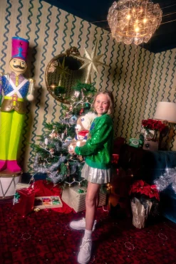 Kids Full Sequin Green Merry Everything Sweater