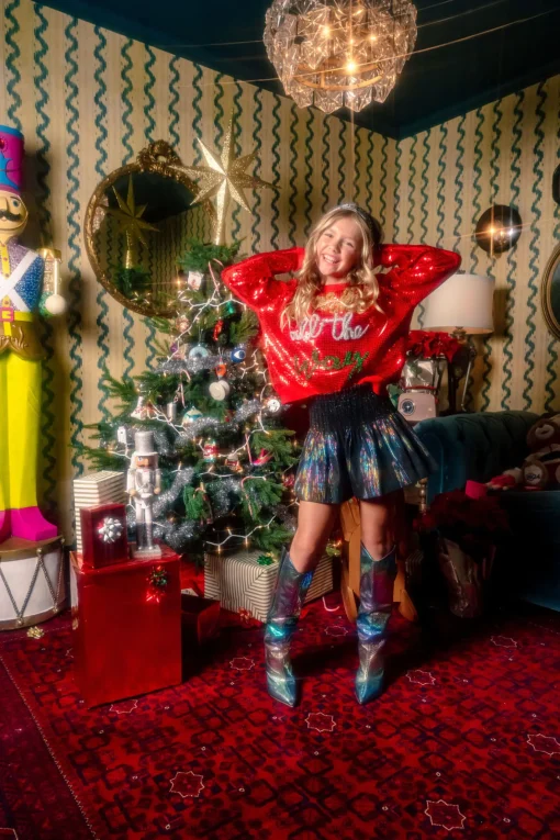 Kids Full Sequin Sparkle All the Way Red Sparkle Sweater