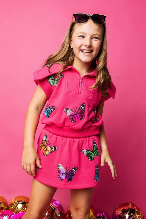 Kids Hot Pink Multi Butterfly Collar Top