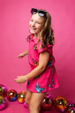Kids Hot Pink Multi Butterfly Collar Top