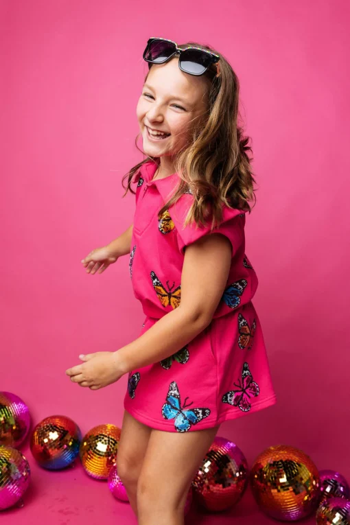 Kids Hot Pink Multi Butterfly Collar Top