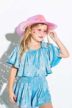 Kids Light Blue/Silver Ribbed Flutter Top