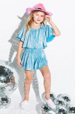 Kids Light Blue/Silver Ribbed Flutter Top