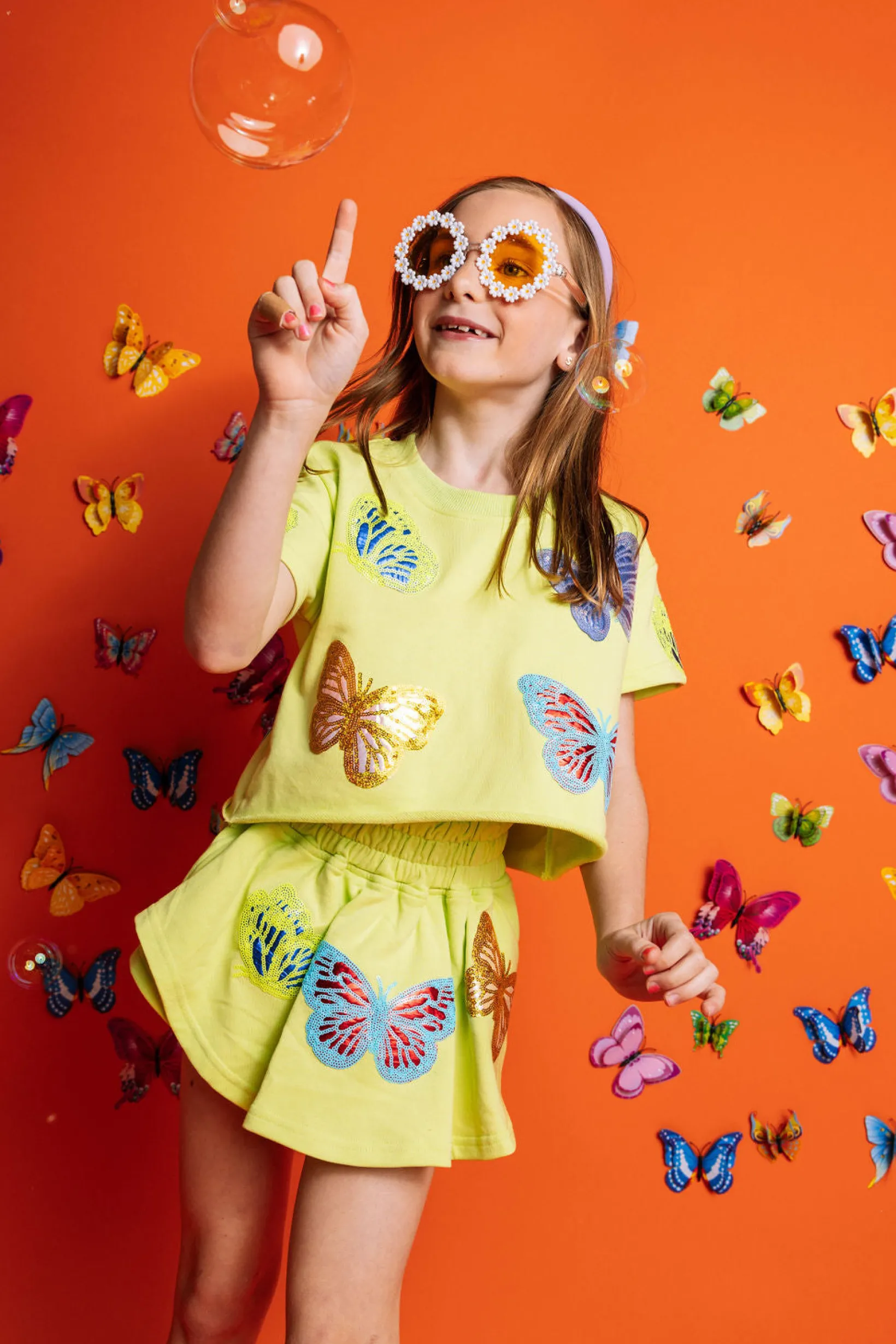 Kids Lime Green Scattered Butterfly Skort