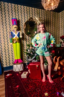 Kids Mint Green Shorts With Velvet Reindeer & Bows