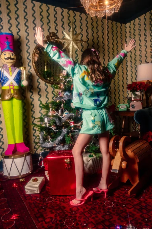 Kids Mint Green Shorts With Velvet Reindeer & Bows