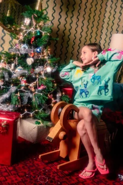 Kids Mint Green Shorts With Velvet Reindeer & Bows