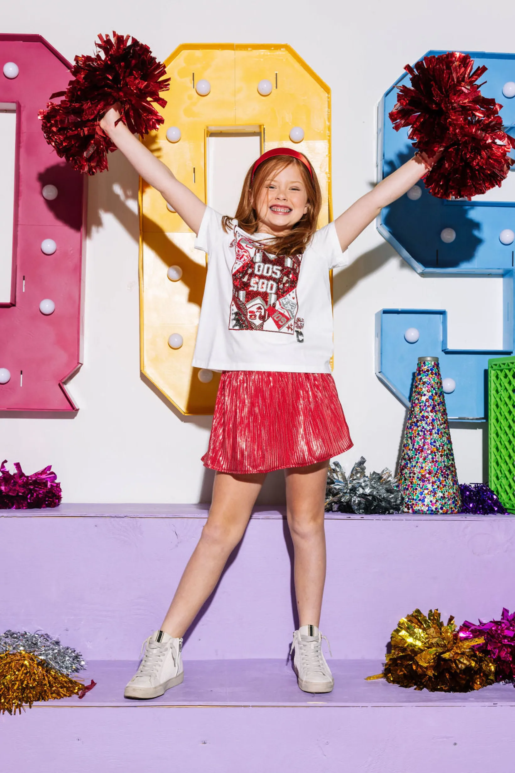 Kids Red & Silver Ribbed Skort