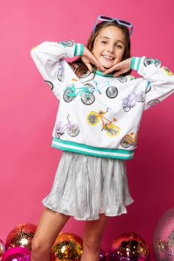 Kids White Bike Sweatshirt with Aqua Sport Stripe