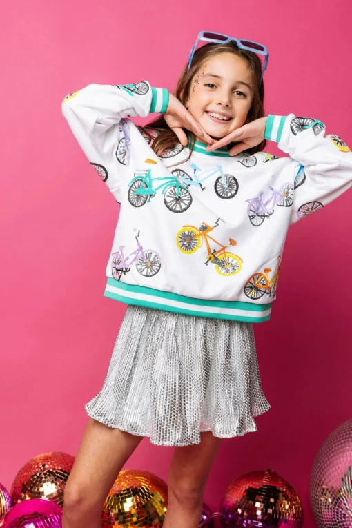Kids White Bike Sweatshirt with Aqua Sport Stripe