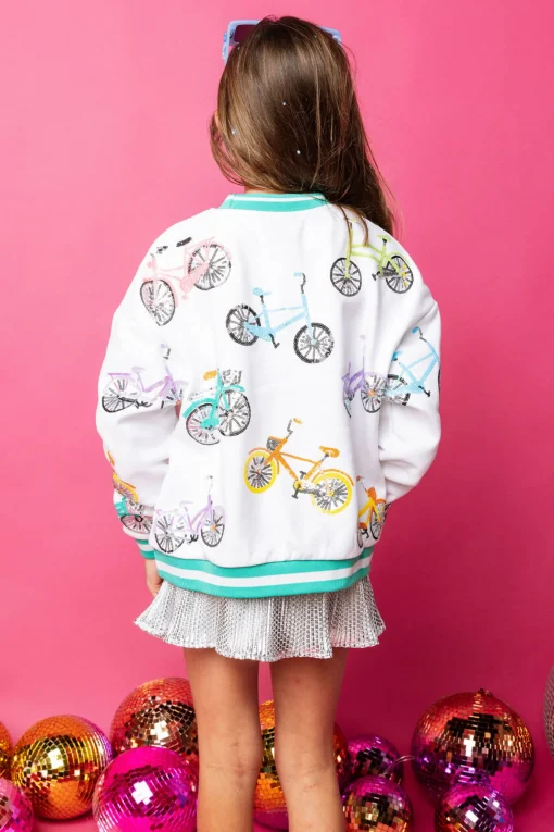 Kids White Bike Sweatshirt with Aqua Sport Stripe