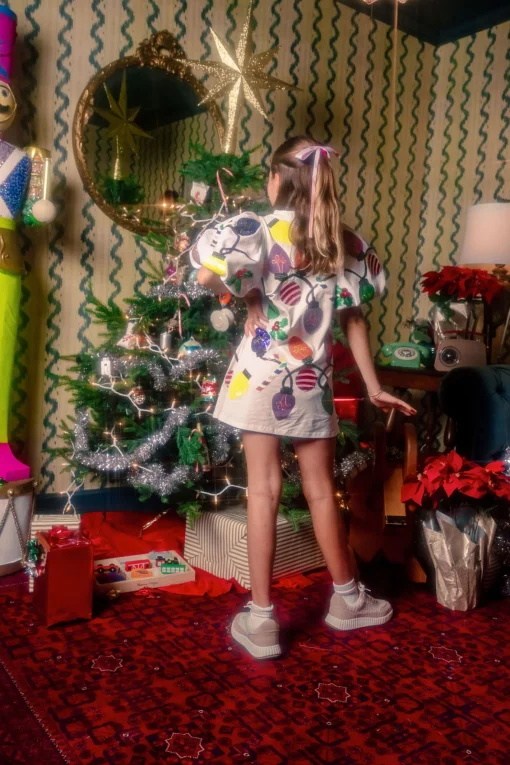 Kids White Christmas Lights Tee With Poof Sequin Sleeve Dress