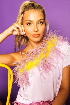 Lavender & Yellow One Shoulder Feather Tee