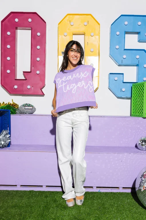 Lavender 'Geaux Tigers' Full Sequin Sweater Vest - Licensed