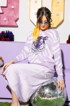 Lavender Tiger Print Tiger Head Long Sleeve Sweater