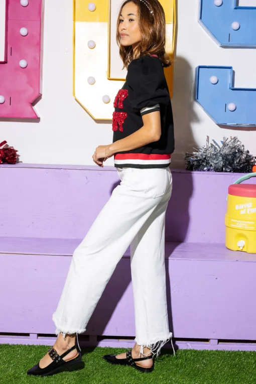 Licensed Black Jeweled 'Glory Glory' Poof Sleeve Top