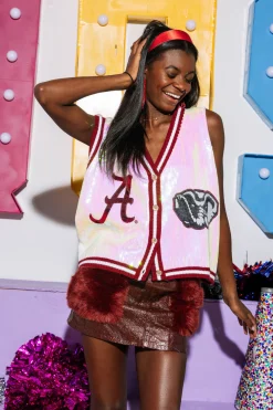 Licensed- Crimson & White Full Sequin Alabama Elephant Button Up Sweater Tank