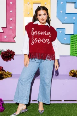 Licensed- Crimson Boomer Sooner Fringe Sweater Vest