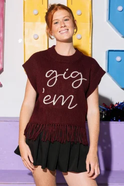 Licensed- Maroon 'Gig Em' Fringe Sweater Vest
