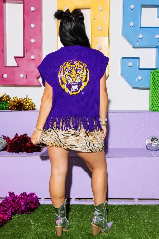 Licensed- Purple & Gold 'Geaux Tigers' Fringe Sweater Vest