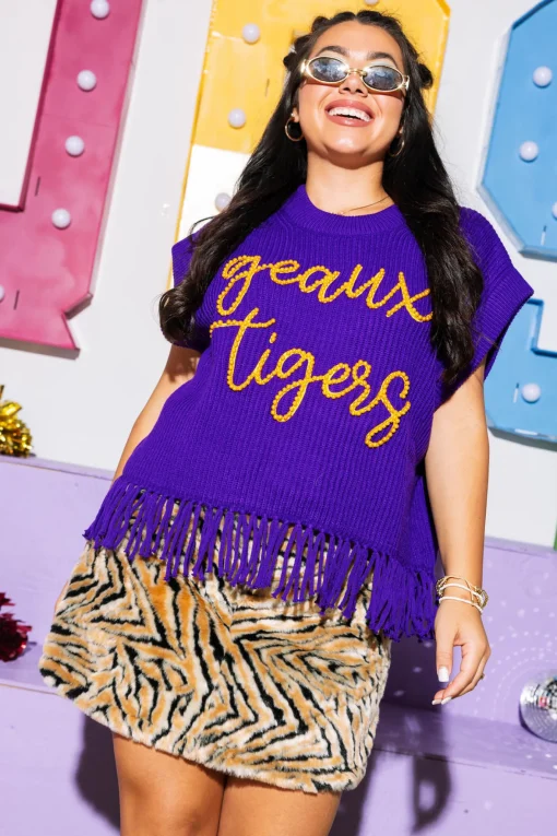 Licensed- Purple & Gold 'Geaux Tigers' Fringe Sweater Vest