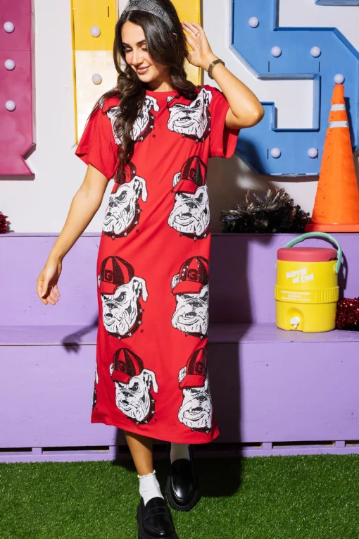 Licensed Red Sequin Georgia Bulldog Head Midi Tee Dress