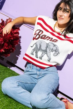 Licensed- White & Crimson Bama Striped Short Sleeve Top
