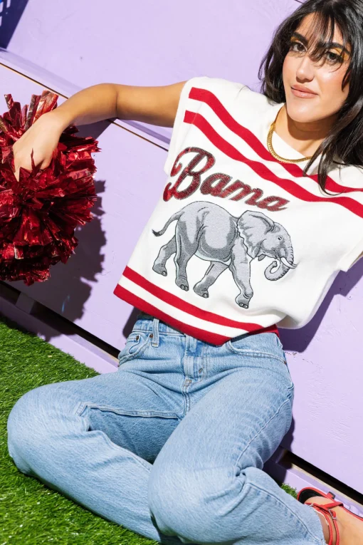 Licensed- White & Crimson Bama Striped Short Sleeve Top
