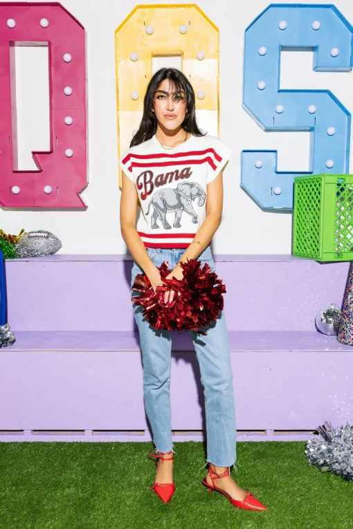 Licensed- White & Crimson Bama Striped Short Sleeve Top