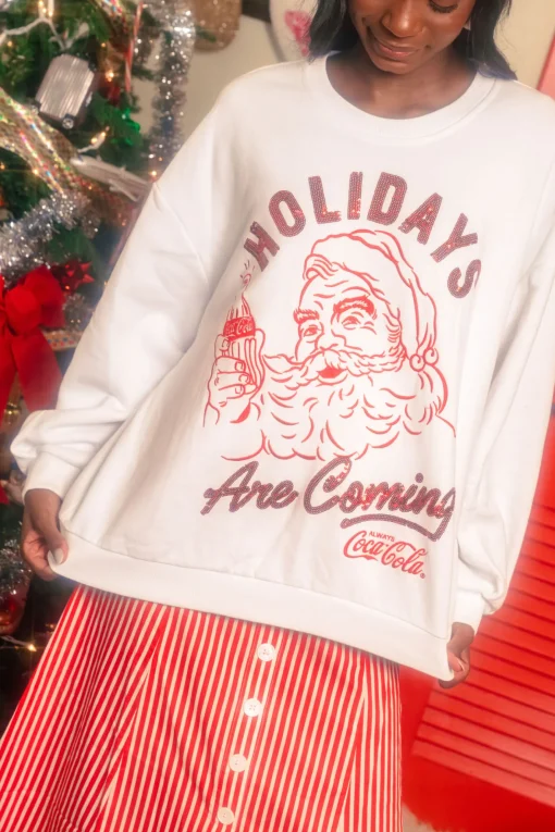 Licensed- White & Red 'Holidays Are Coming' Santa Coca-Cola Sweatshirt