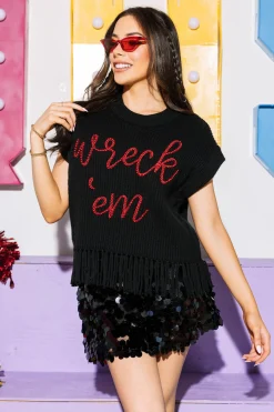 Licensed-Black & Red 'Wreck Em' Fringe Sweater Vest