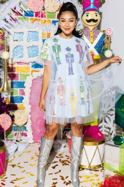 Light Blue & Rainbow Nutcracker Tulle Overlay Tee Dress