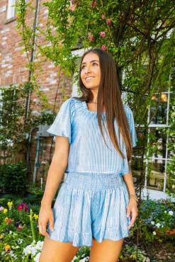 Light Blue & Silver Ribbed Flutter Top