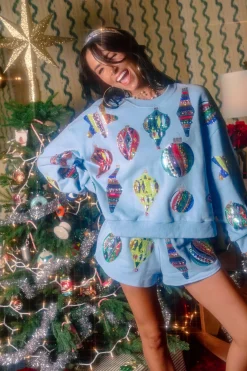 Light Blue Multi Color Ornaments Shorts