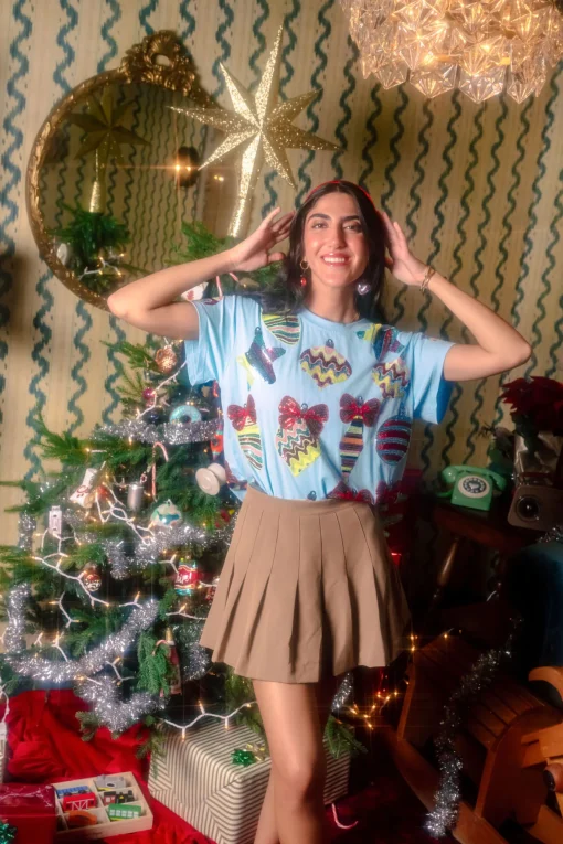 Light Blue Patterned Ornament & Bows Tee