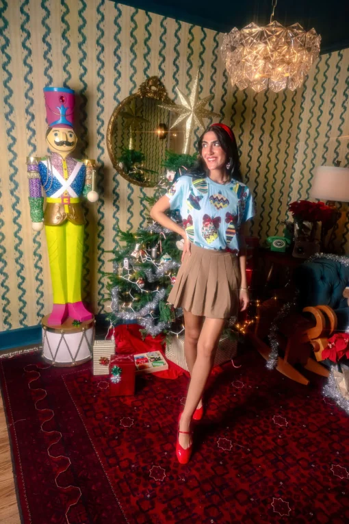 Light Blue Patterned Ornament & Bows Tee