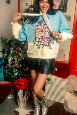 Light Blue/Beige Gingerbread House Scene Sweatshirt