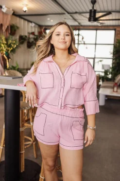 Light Pink & Black Gauze Rhinestone Trim Top