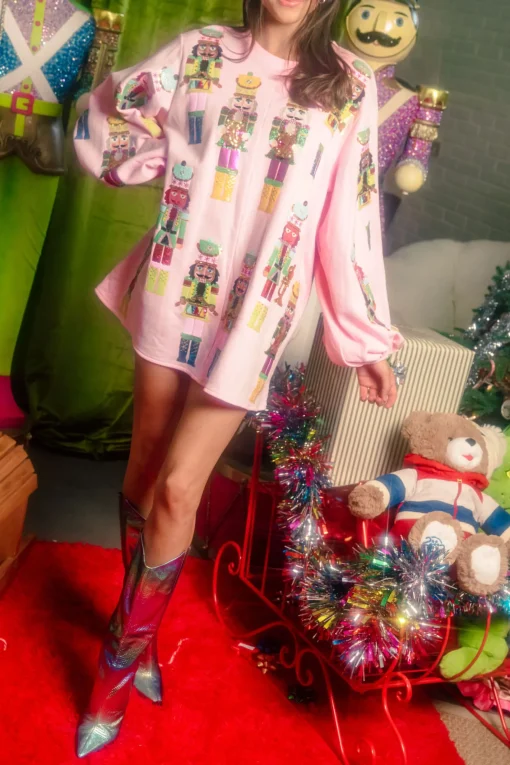 Light Pink Nutcracker Band Balloon Sleeve Sweatshirt Dress