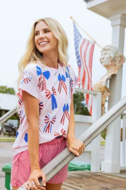 Light Pink Red, White & Blue Scattered Bow Tee